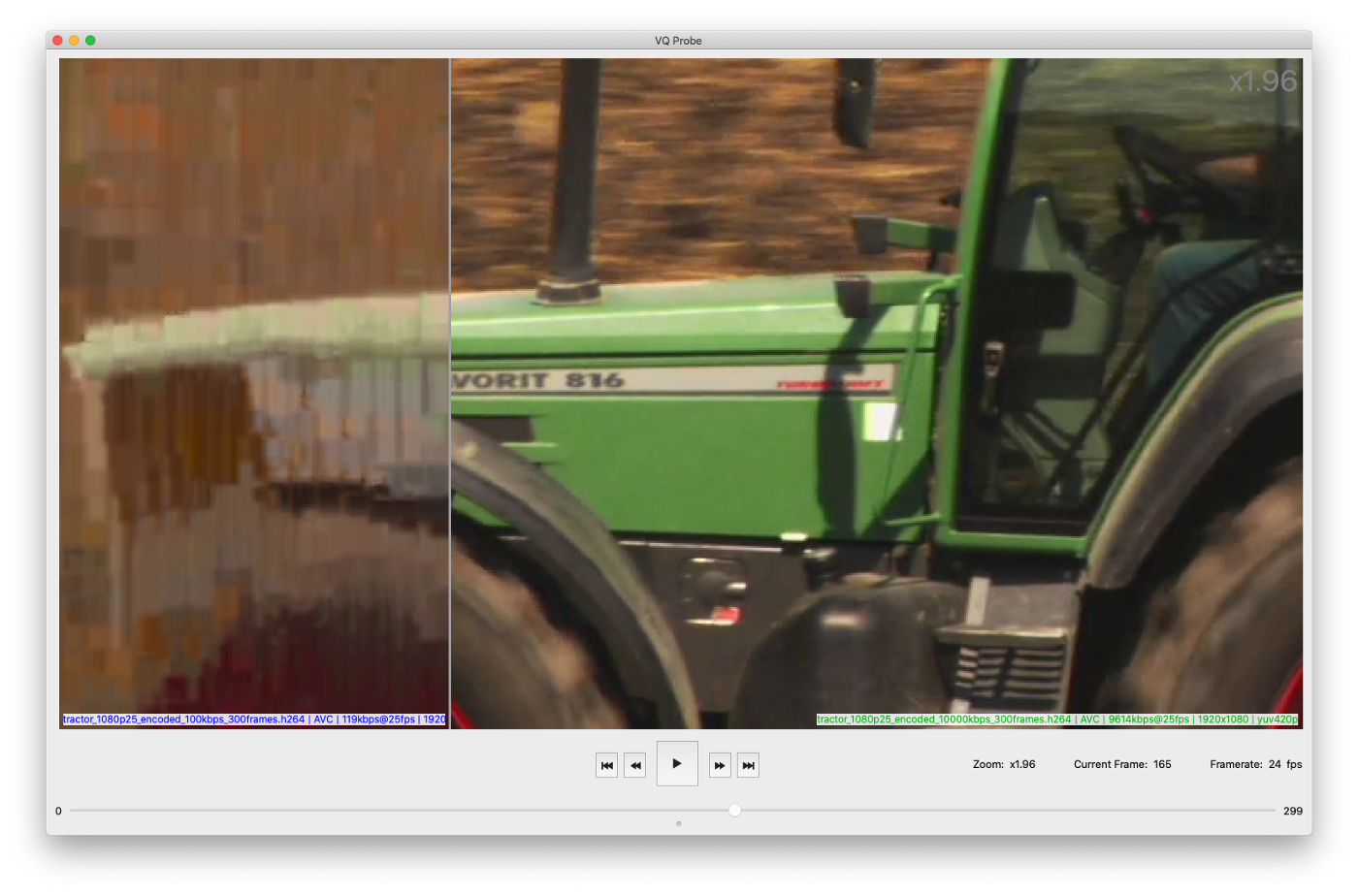 tractor_1080p25_encoded_100kbps_300frames.h264 vs. tractor_1080p25_encoded_10000kbps_300frames.h264