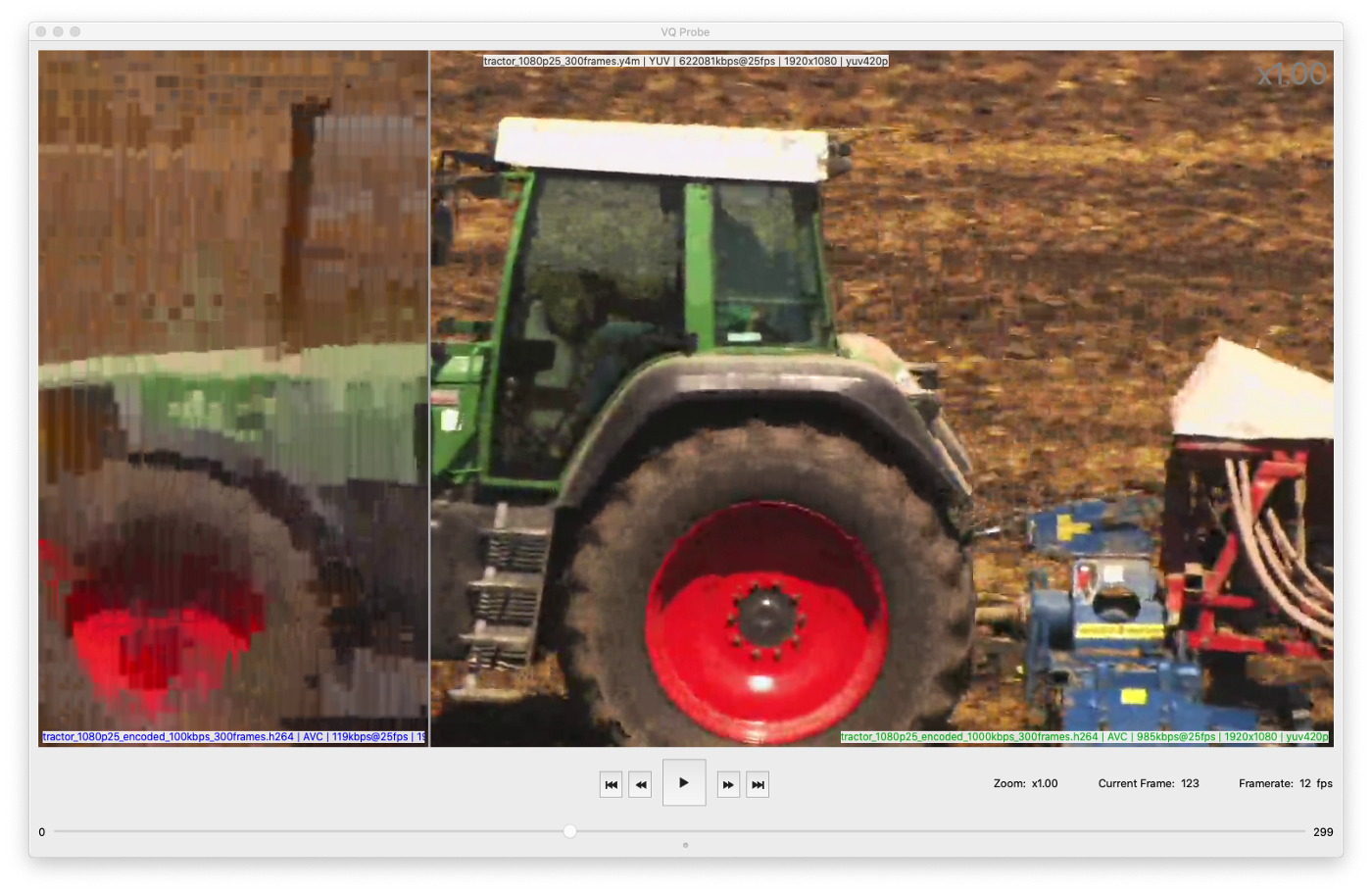 tractor_1080p25_encoded_100kbps_300frames.h264 vs. tractor_1080p25_encoded_1000kbps_300frames.h264, frame #123