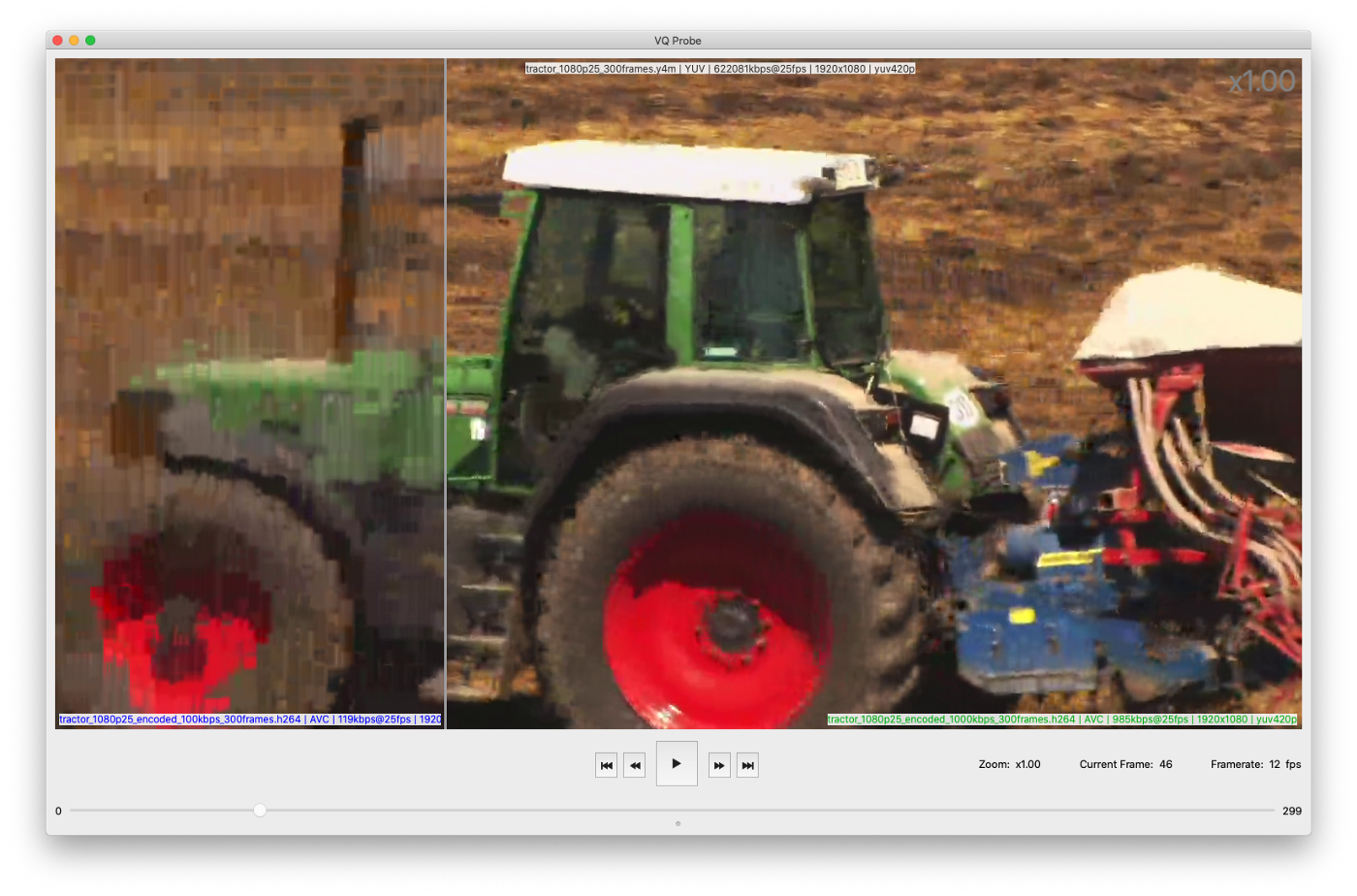tractor_1080p25_encoded_100kbps_300frames.h264 vs. tractor_1080p25_encoded_1000kbps_300frames.h264, frame #46