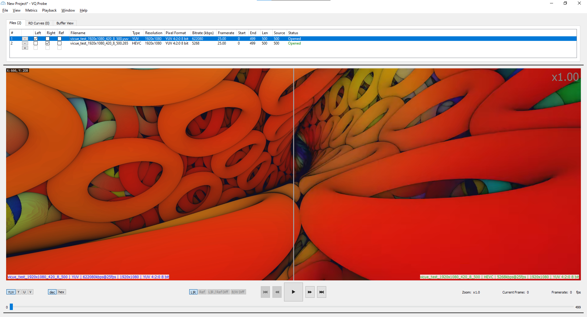Screenshot of frame from original YUV (left) and HEVC streams (right) in VQ Probe